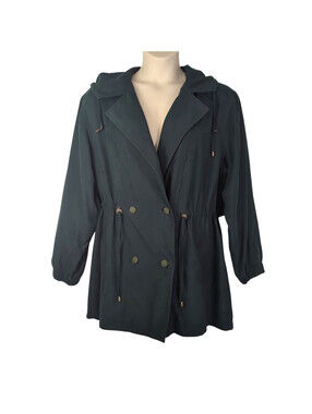 Jacqueline Ferrar Trench Coat Green Hooded Double Breasted VTG Jacket Medium